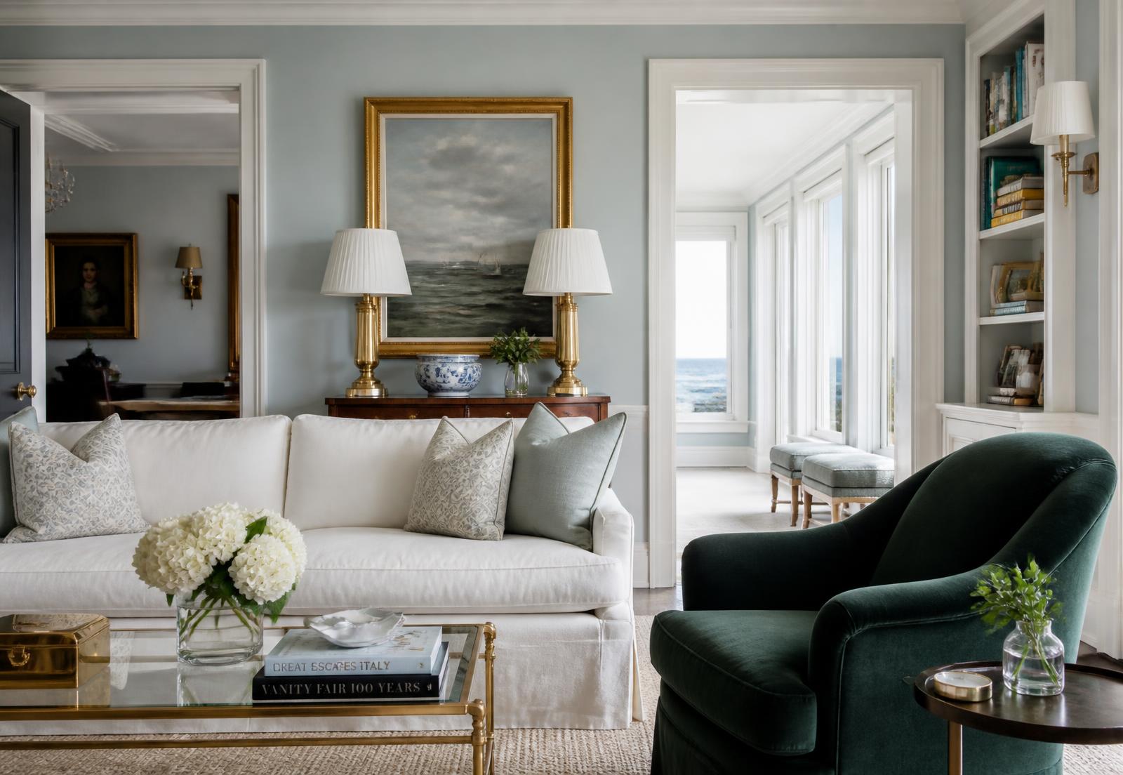 Coastal living room with white sofa and deep green velvet chair